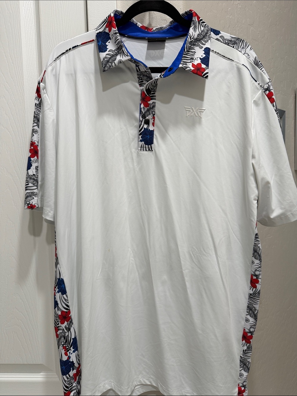 PXG White Polo with Blue & Red Floral Trim